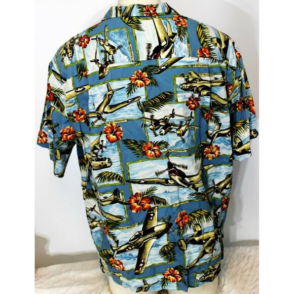 Kalaheo Blue Hawaiian Shirt Planes Bomber Jets Flowers Men's 2XL WW2 WWII - Picture 6 of 11